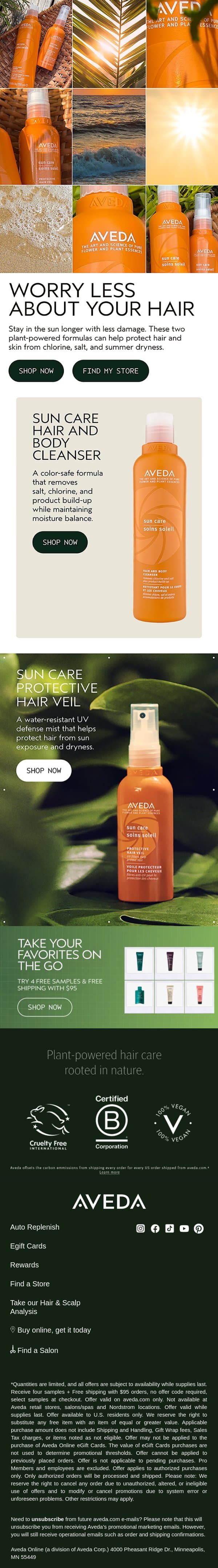 Stay in the sun longer with less damage ☀️ email from Aveda screenshot