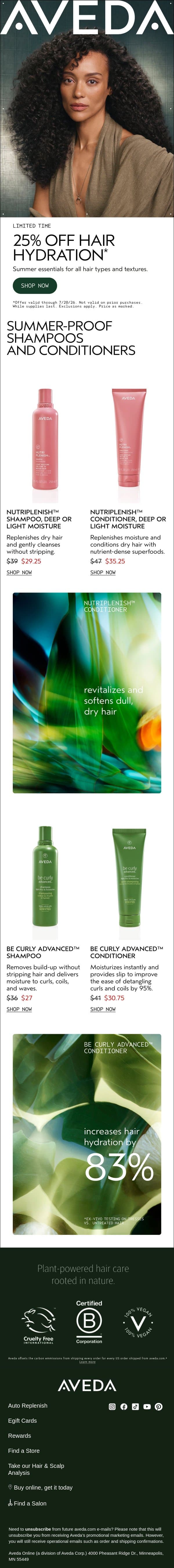 25% off shampoo and conditioner favorites email from Aveda screenshot
