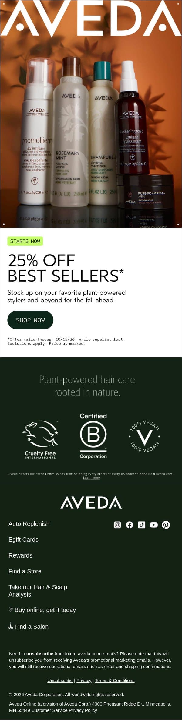 Starting now: Get 25% off bestselling stylers and more email from Aveda screenshot