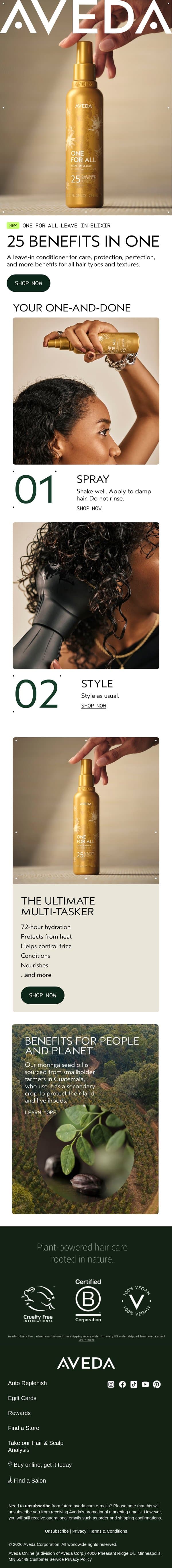25 benefits *and* easy to use email from Aveda screenshot