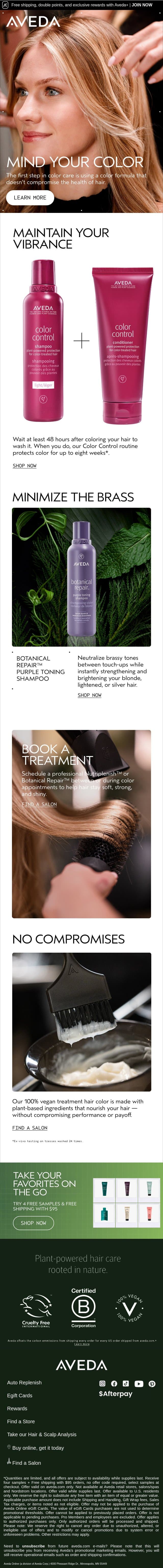Keep your color vibrant email from Aveda screenshot