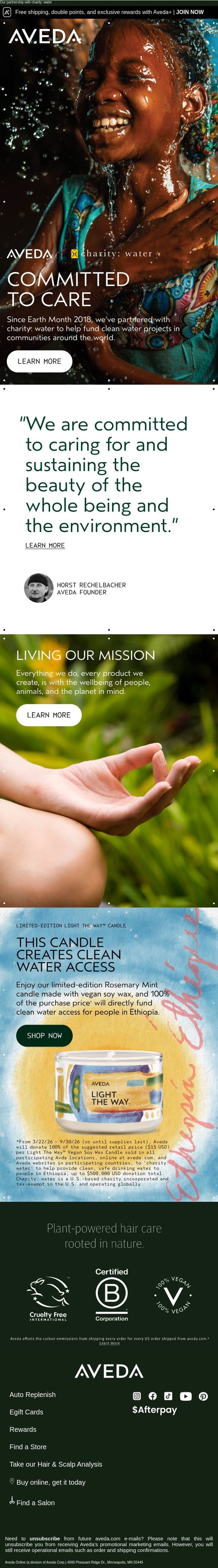 Committed to care since 2018 email from Aveda screenshot