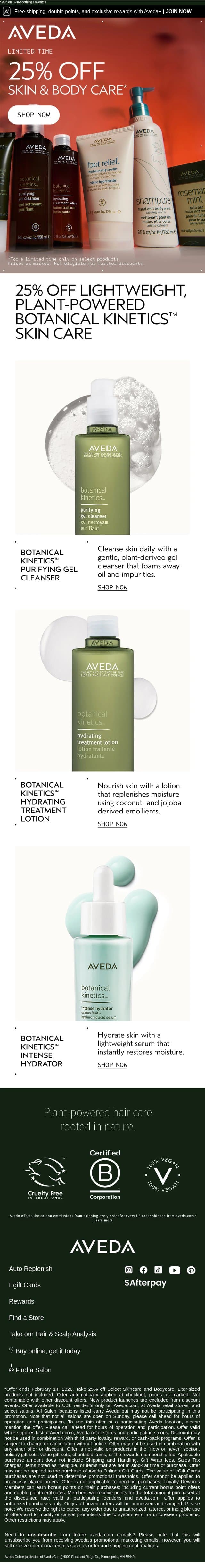 25% off Plant-Powered Skin Care email from Aveda screenshot