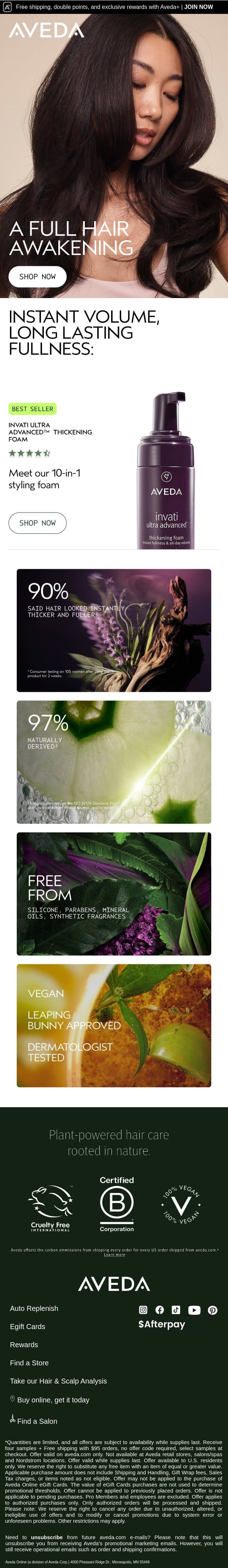 Instantly thicken hair by up to 11% email from Aveda screenshot