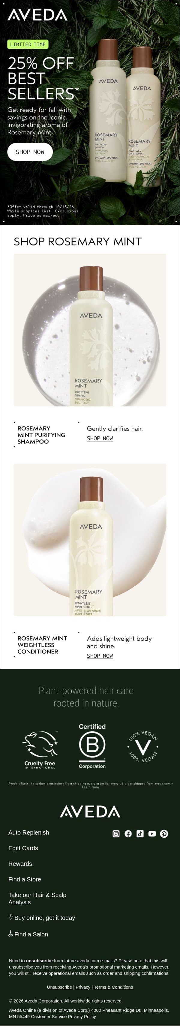 Refresh your fall ritual with 25% off best sellers. email from Aveda screenshot