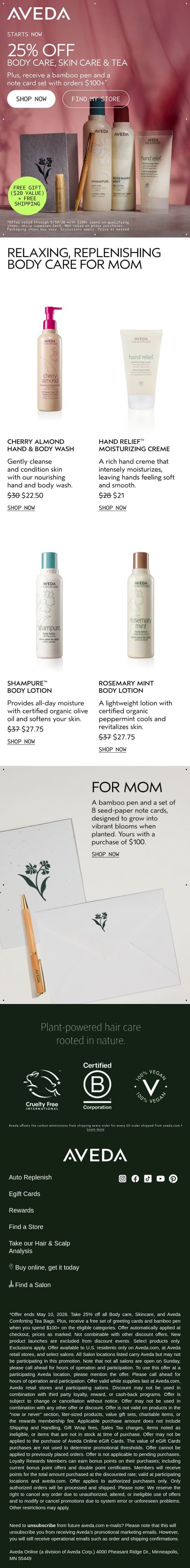 Mom deserves this: 25% off + A free gift email from Aveda screenshot
