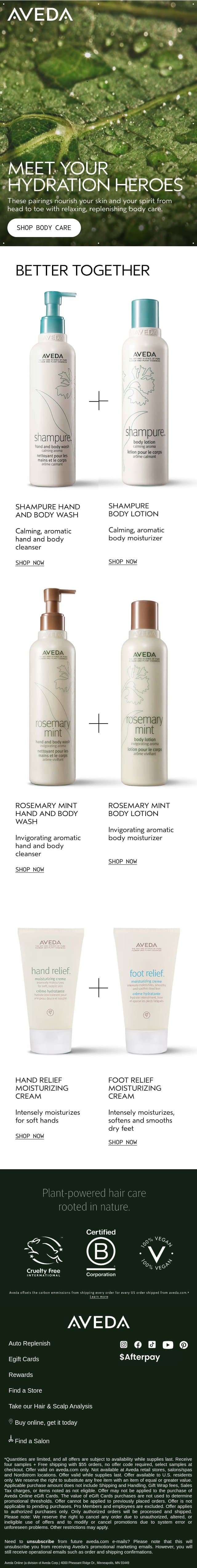 Discover these hydration heroes email from Aveda screenshot