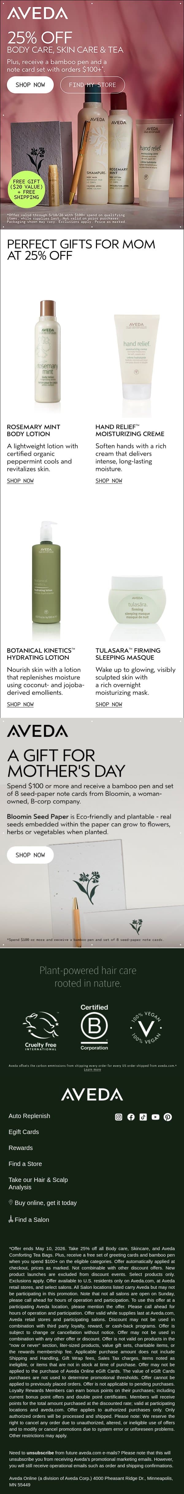 It's almost gone - shop 25% off top picks email from Aveda screenshot