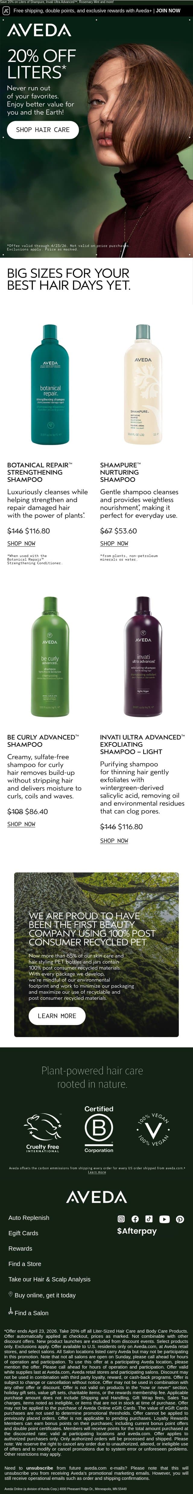Math we like: Bigger bottles + smaller footprint email from Aveda screenshot