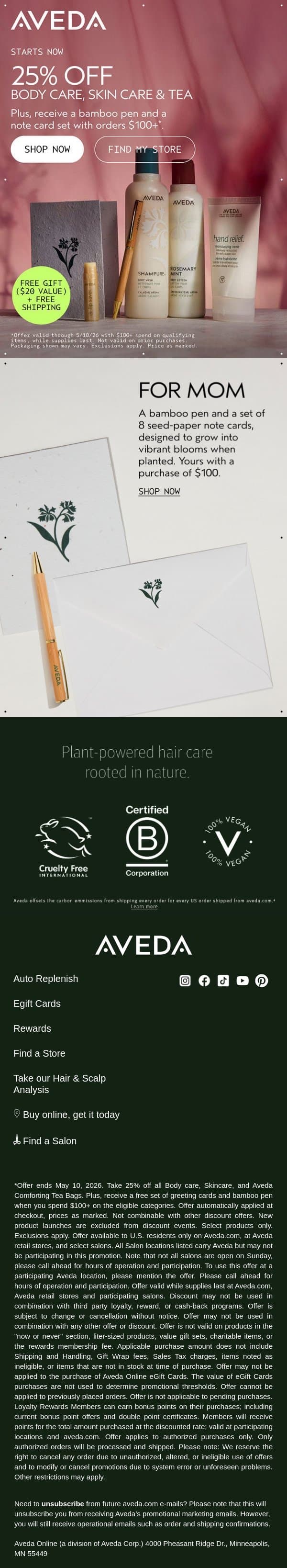 25% off everything mom loves 💐 email from Aveda screenshot