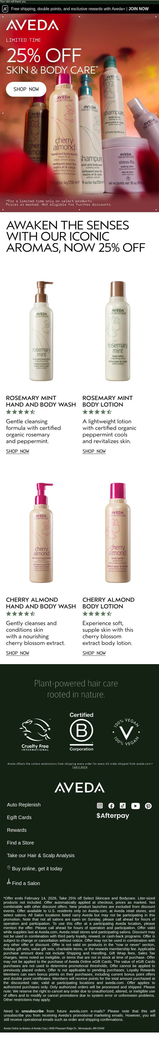 25% off bestselling body care email from Aveda screenshot