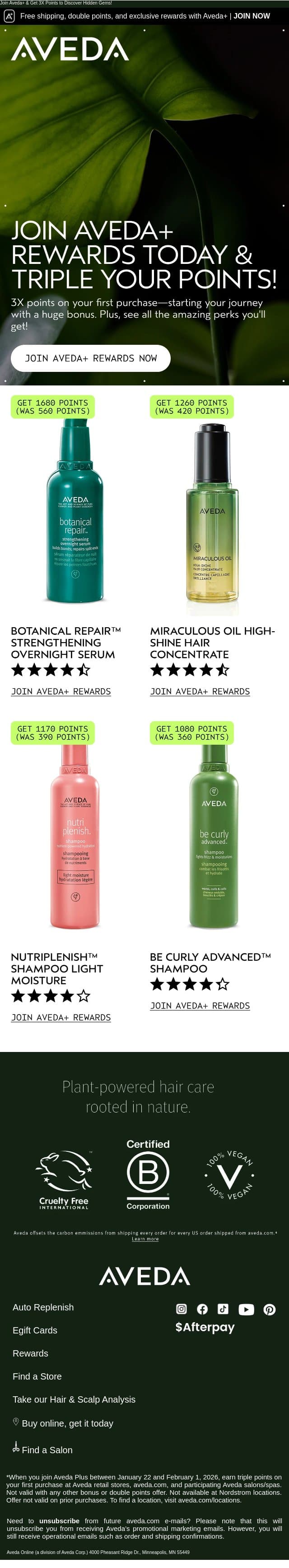 The biggest first-order bonus: 3X points. email from Aveda screenshot