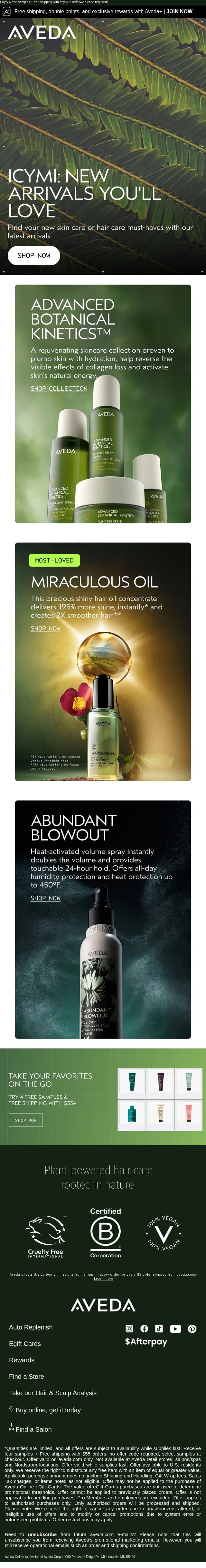 New arrivals are here email from Aveda screenshot