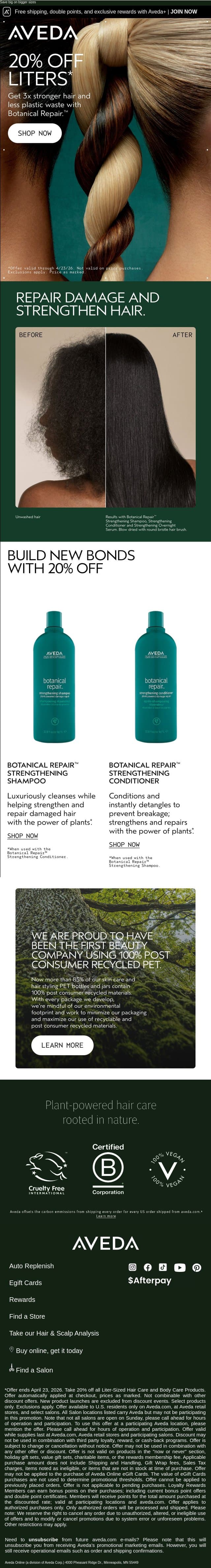 Stock up on your staples with 20% off Liters email from Aveda screenshot