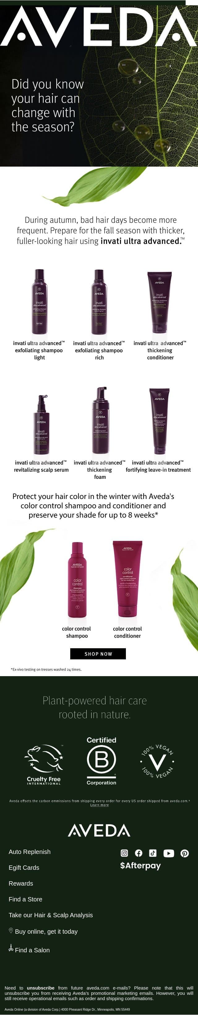 Did you know your hair can change with the season? email from Aveda screenshot