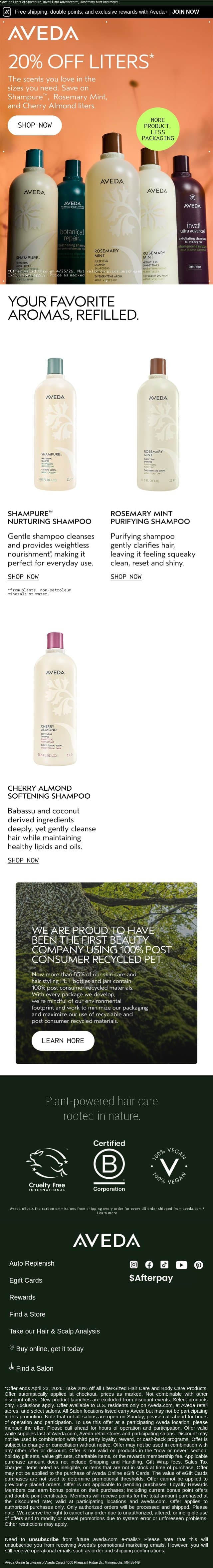 Your favorite scent supersized (and 20% off!) email from Aveda screenshot