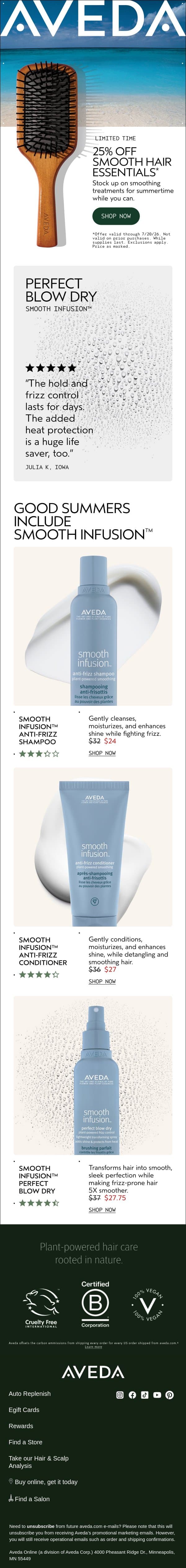 Smooth, frizz-free hair — now 25% off email from Aveda screenshot