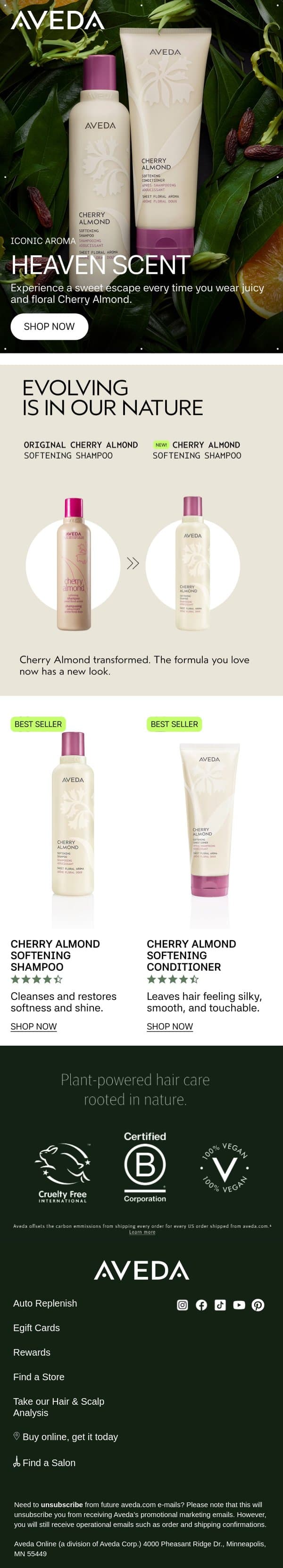 Cherry Almond transformed. email from Aveda screenshot