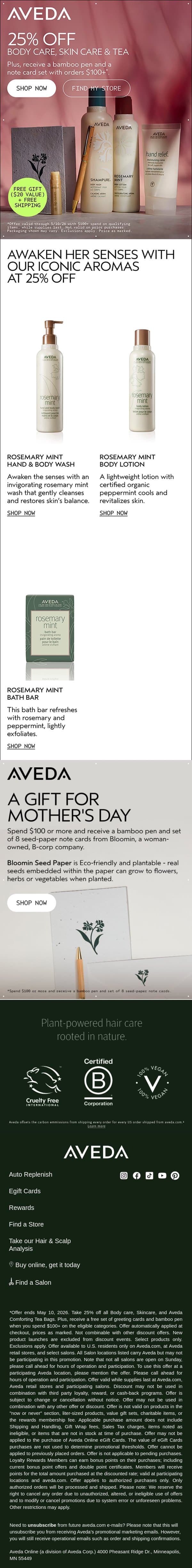 FINAL CALL: 25% off + free gift on $100 ($20 value!) email from Aveda screenshot