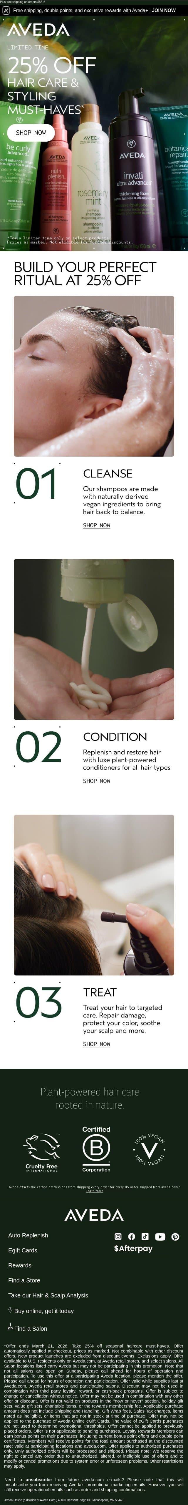 Happening now: 25% off Hair Care and Styling must-haves email from Aveda screenshot
