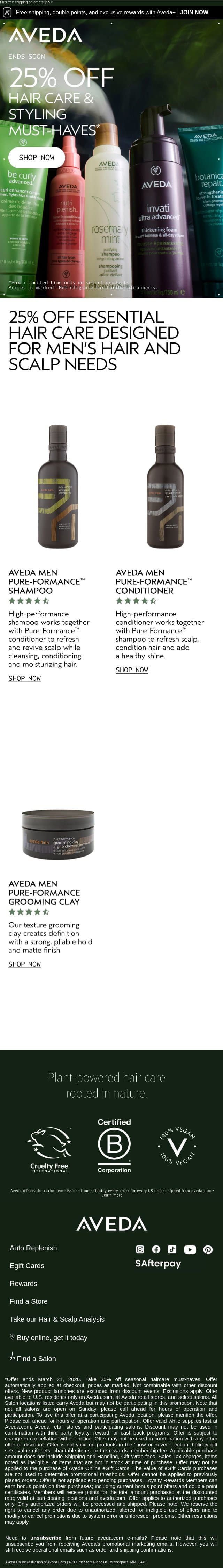 25% off everything you need for good hair days email from Aveda screenshot