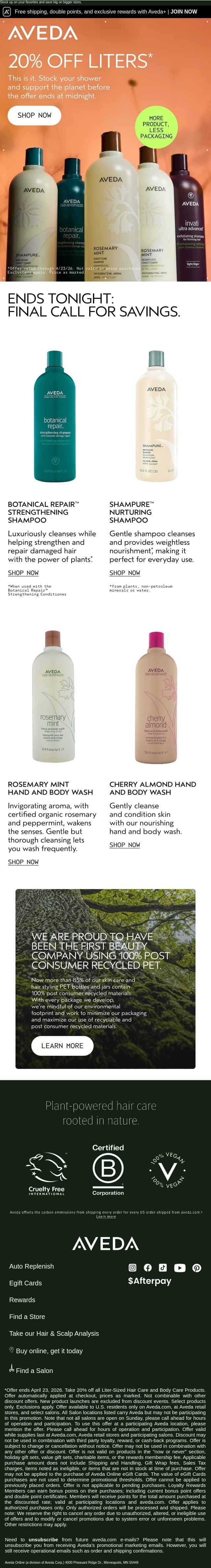 Final call for savings: 20% off Liters email from Aveda screenshot