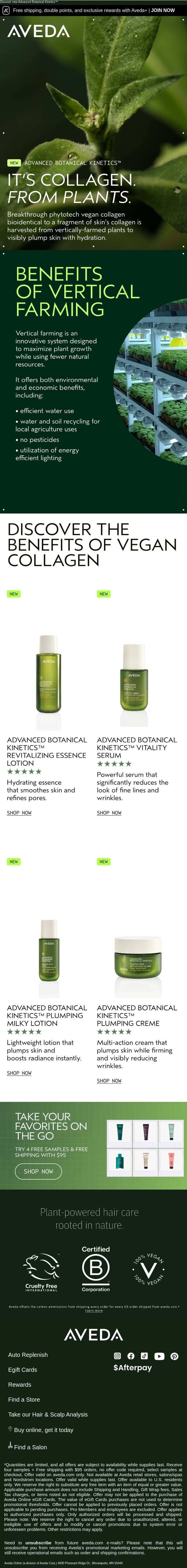 Visibly plump skin with collagen from plants email from Aveda screenshot