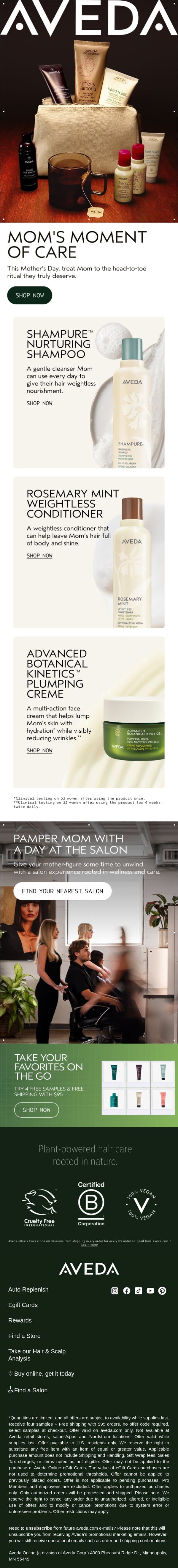 Treat mom to a head-to-toe ritual this Mother's Day email from Aveda screenshot