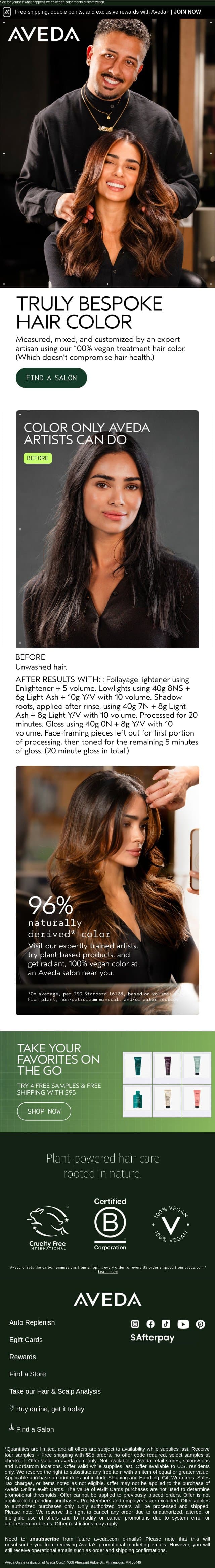 Bespoke hair color and personalized care happen at Aveda salons email from Aveda screenshot
