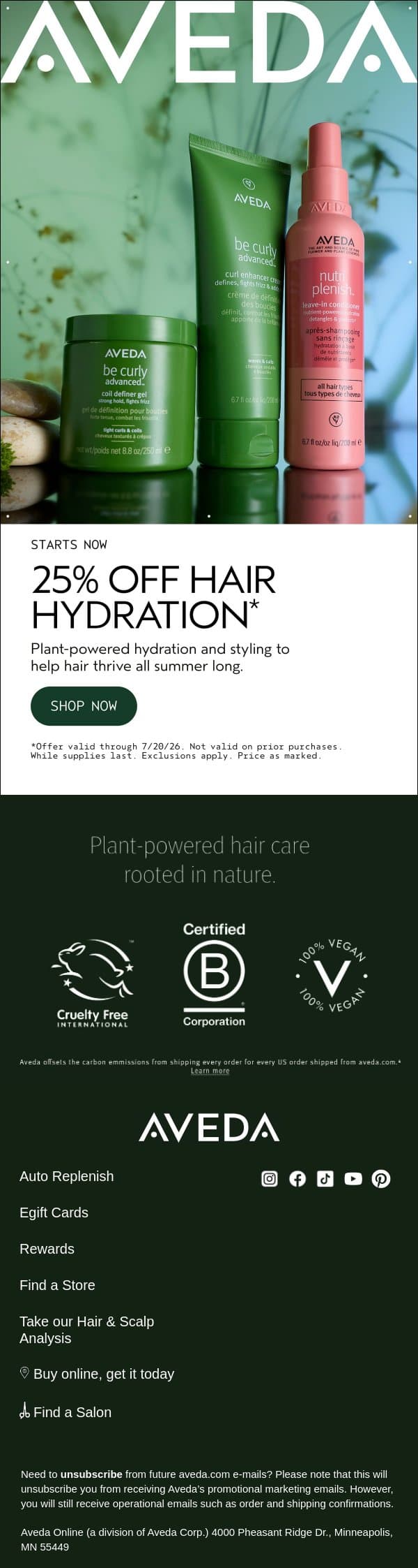 25% off summer hair essentials starts now email from Aveda screenshot