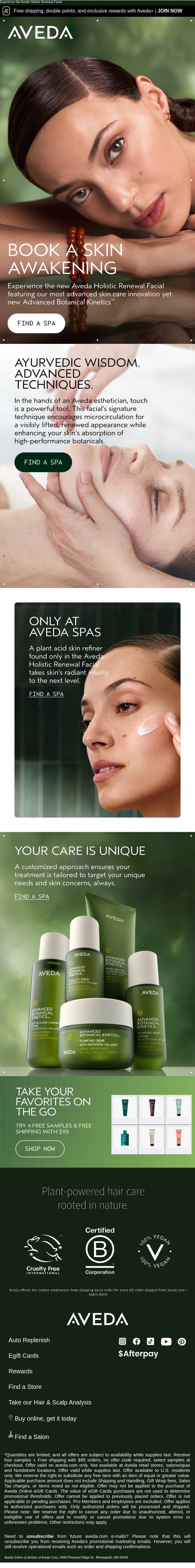 Book your skin awakening email from Aveda screenshot