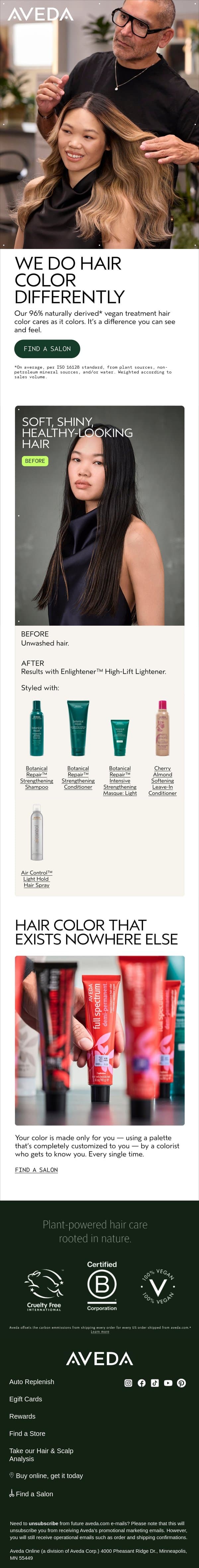 We Do Hair Color Differently. email from Aveda screenshot