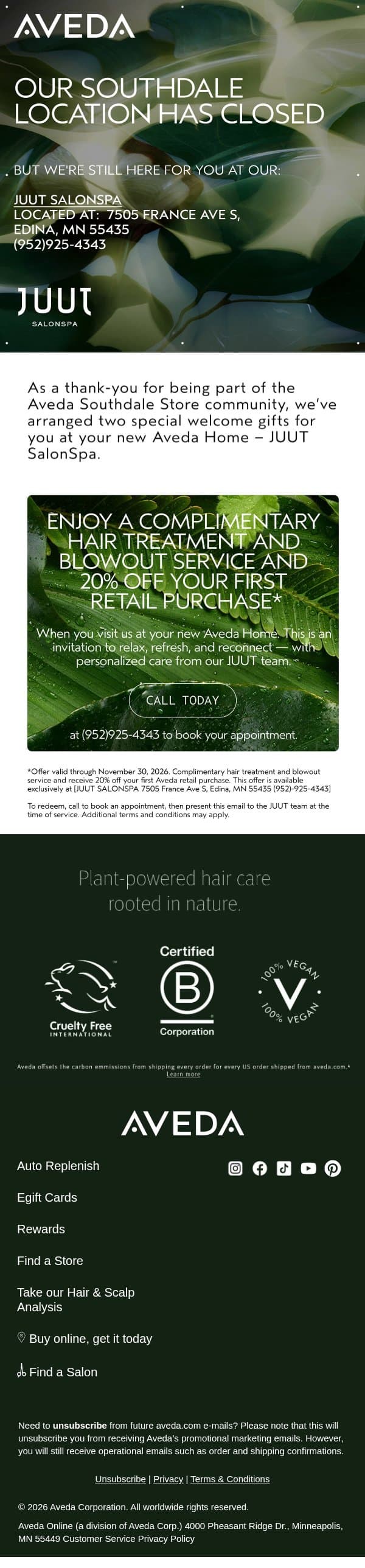 🌿 Your Welcome Gift Awaits: A Complimentary Aveda Salon Experience email from Aveda screenshot