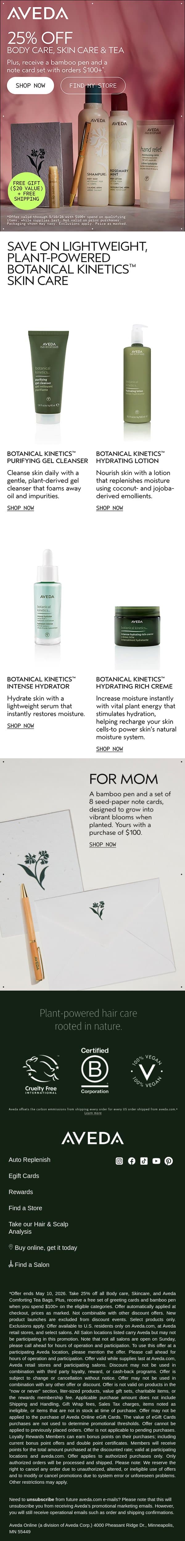 25% off our gift list email from Aveda screenshot
