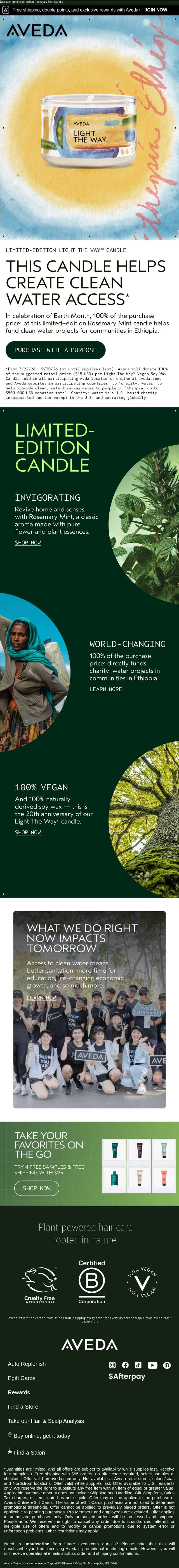 We're celebrating Earth month by donating 100% of proceeds 🌎 email from Aveda screenshot