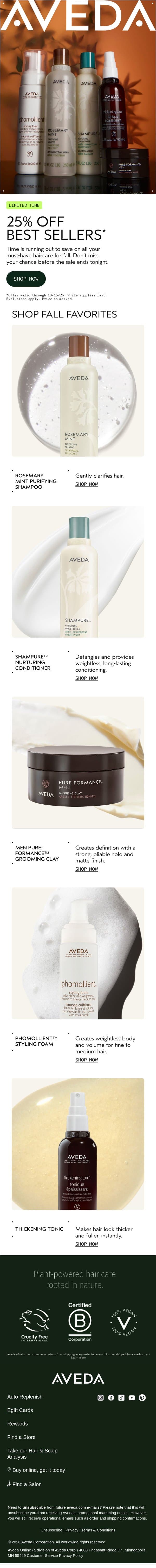 Last chance to save 25% ends tonight email from Aveda screenshot