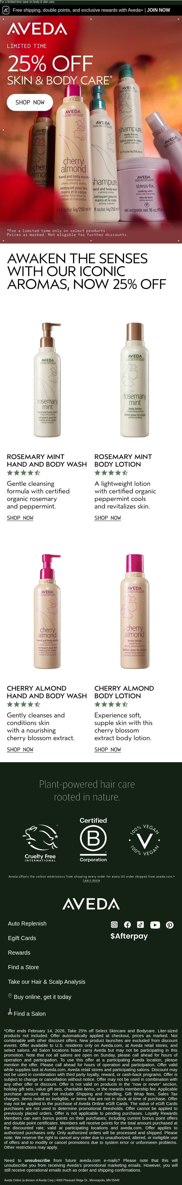 Aromas that awaken the senses - now 25% off email from Aveda screenshot