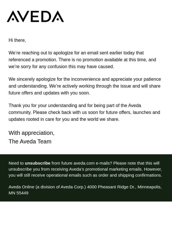 A quick note from Aveda email from Aveda screenshot