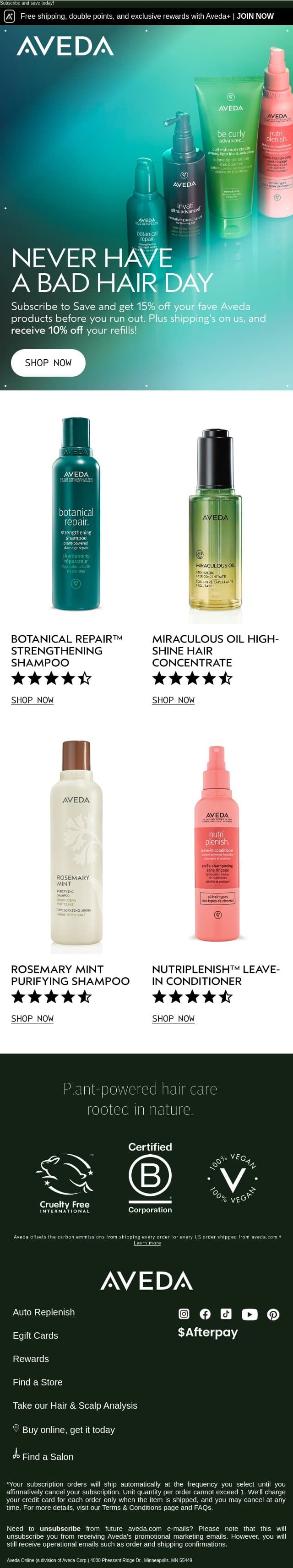 Never have another bad hair day + 15% off email from Aveda screenshot