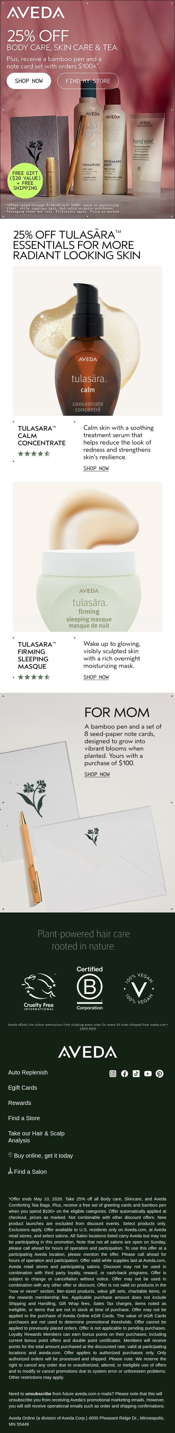 Here's the deal: 25% off body care, skin care & tea email from Aveda screenshot
