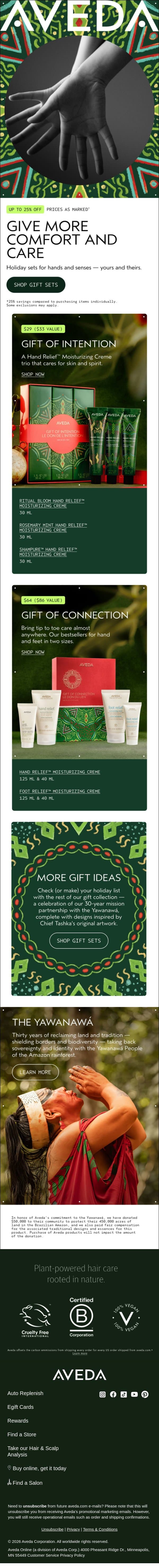 Our beloved hand creme. 2 luxurious gift sets. email from Aveda screenshot