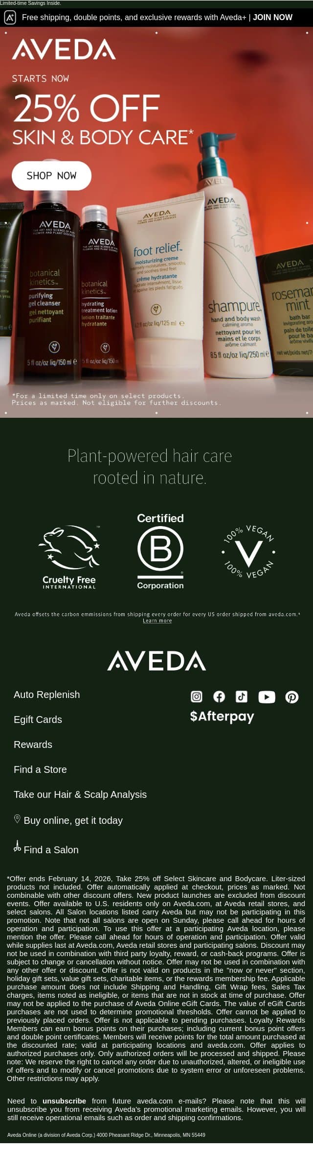 Your Winter Skin Reset Starts Now with 25% Off email from Aveda screenshot