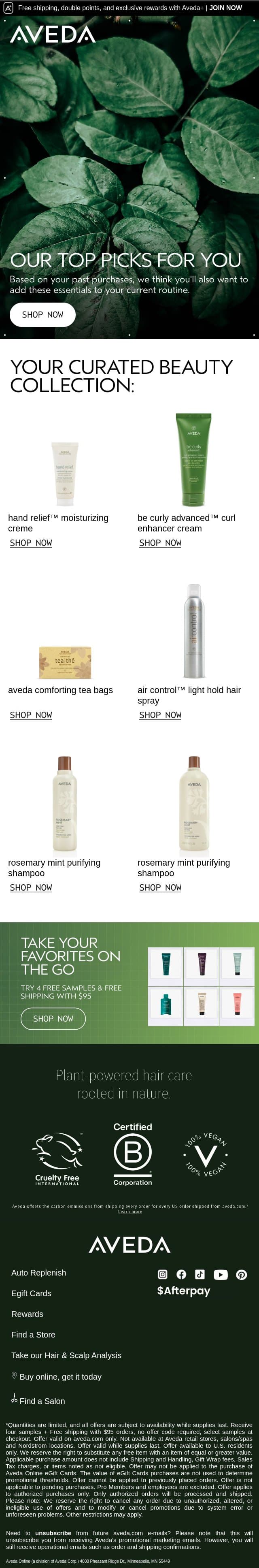 Some products we think you'll love email from Aveda screenshot