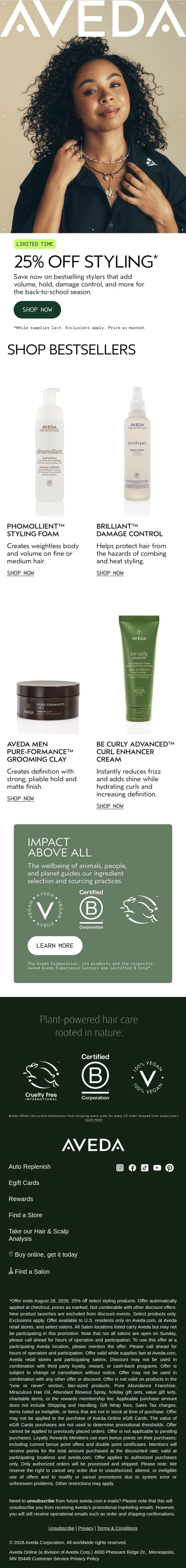 25% Off Bestselling Stylers email from Aveda screenshot