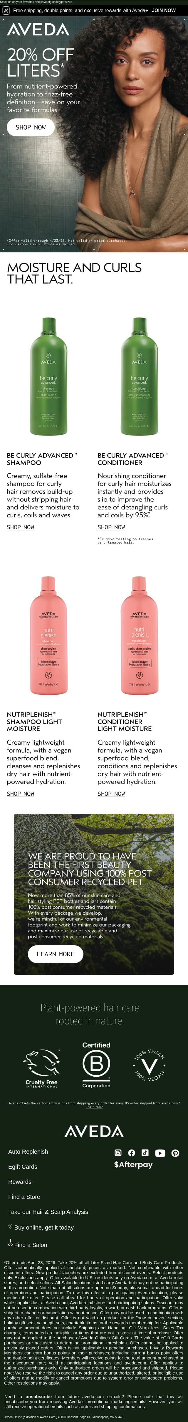 Go BIG with 20% off Liters email from Aveda screenshot