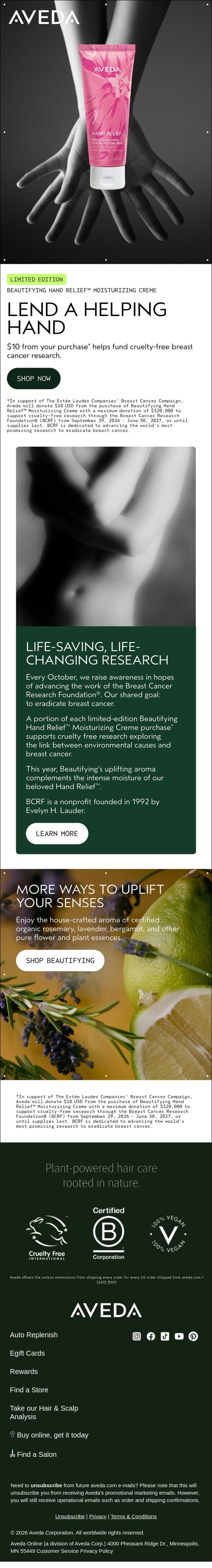 Each purchase* helps fund cruelty-free breast cancer research email from Aveda screenshot
