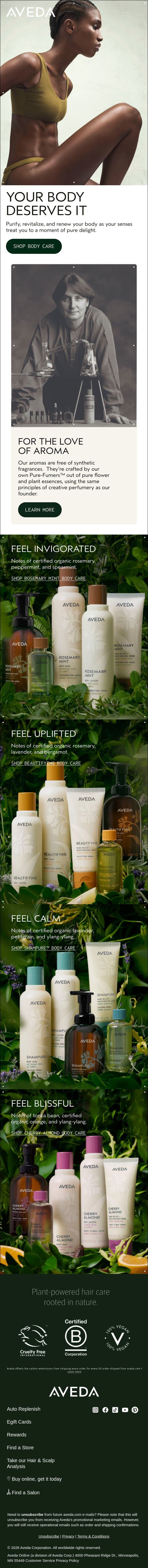 Experience our iconic aromas email from Aveda screenshot