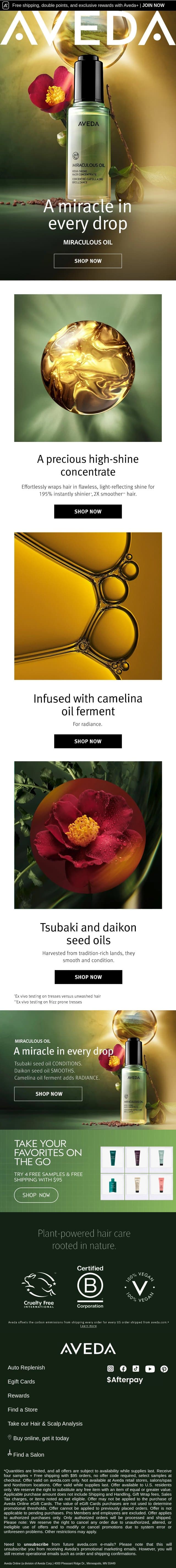 Discover Our Miraculous Oil email from Aveda screenshot