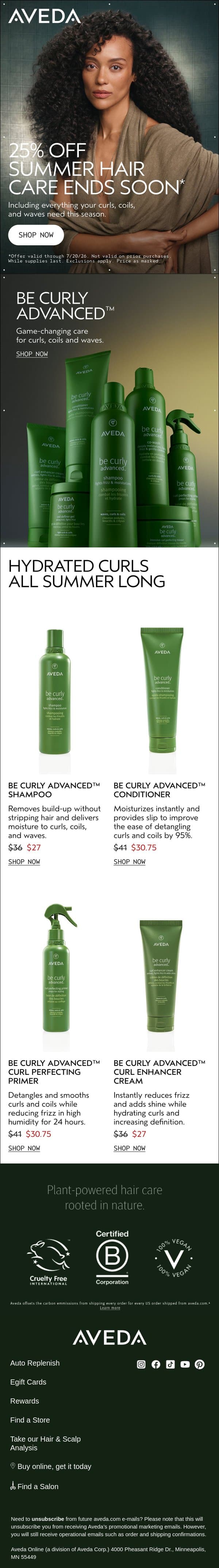 Ending soon: 25% off everything curls need for summer email from Aveda screenshot
