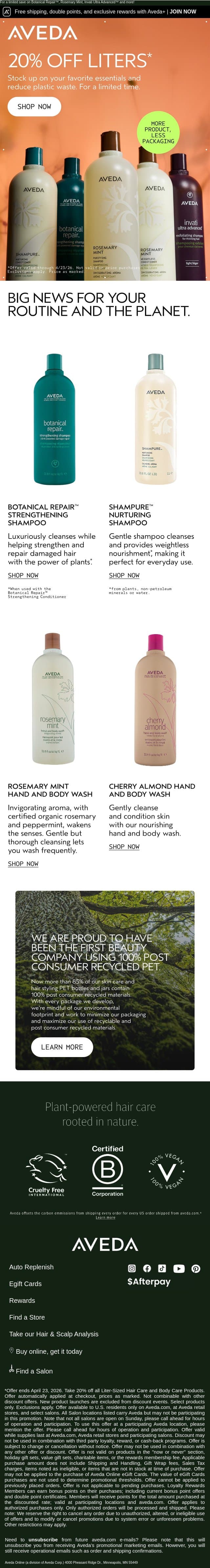 Sale starts now: 20% off Liters email from Aveda screenshot